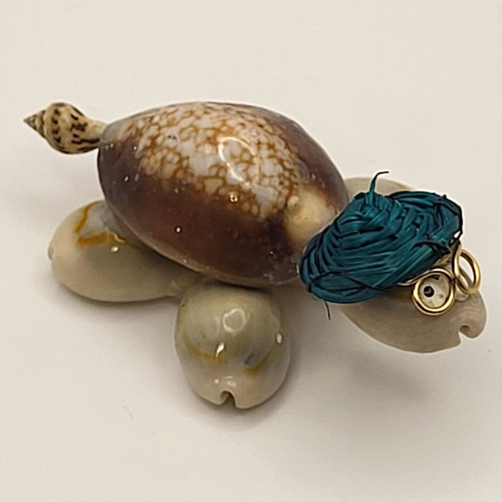 Handcrafted Shell Googly Eye Turtle Figurine Blue Hat Gold Glasses Miniature - Picture 2 of 7